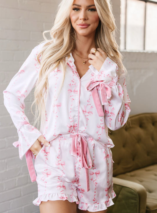 Satin Pink Bow Pajama Set